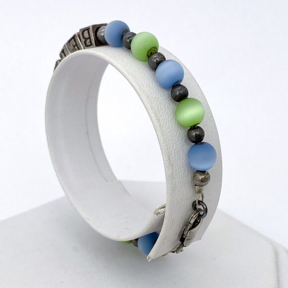Blue Green Shimmery "Bethany" Beaded Bracelet | Vintage Sterling Silver 925 | 6" - Picture 4 of 13